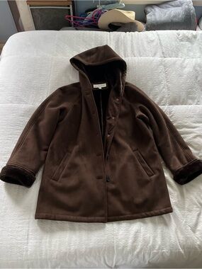 Women’s Liz Claiborne Brown Hooded Coat with Faux Fur Trim size large